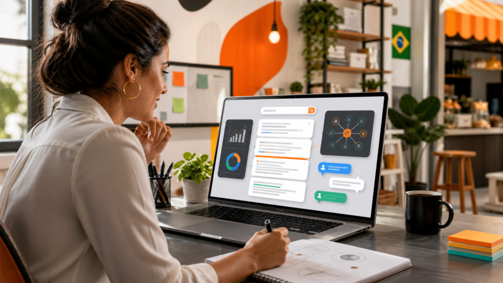 Profissional de marketing analisando resultados de busca com IA e SEO para pequeno negócio brasileiro
