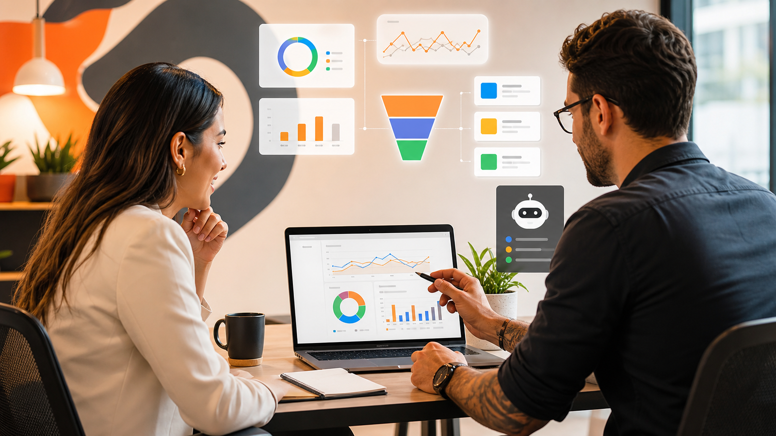 Dono de pequeno negócio e analista de marketing avaliando métricas com apoio de inteligência artificial