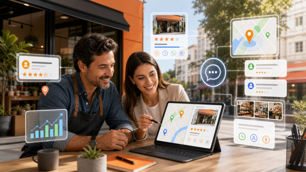 Empreendedor local e consultora analisando presença no Google Maps, avaliações e respostas com inteligência artificial