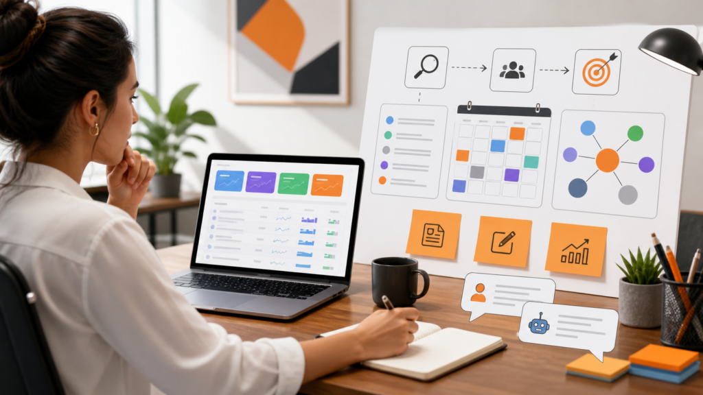 Estrategista de marketing analisando dados do Search Console para transformar buscas reais em pautas de blog