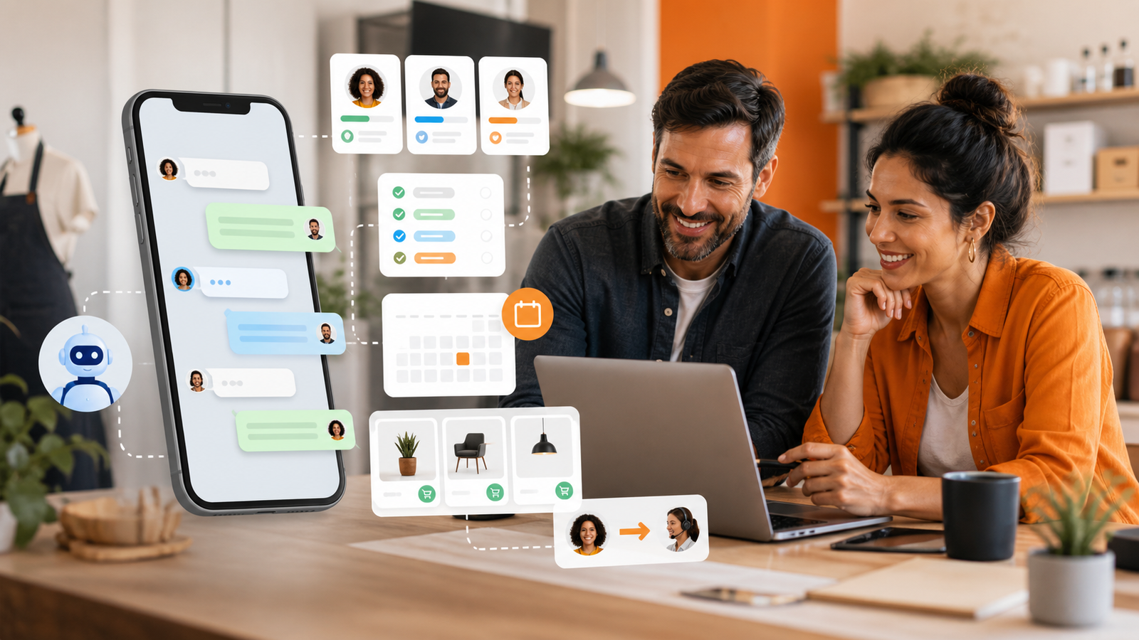 Dono de pequeno negócio e consultora estruturando atendimento com inteligência artificial no WhatsApp Business