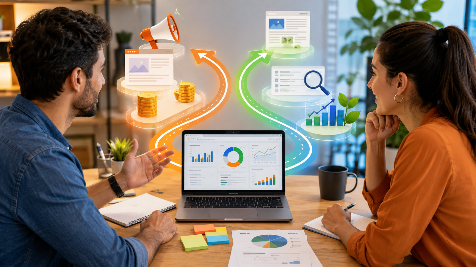 Consultor e empreendedora comparando trafego pago e trafego organico em estrategia de marketing digital