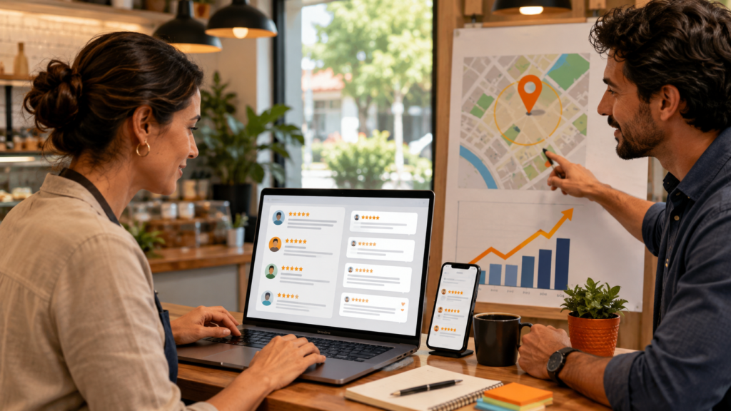 Empreendedora respondendo avaliações online para fortalecer confiança SEO local e vendas