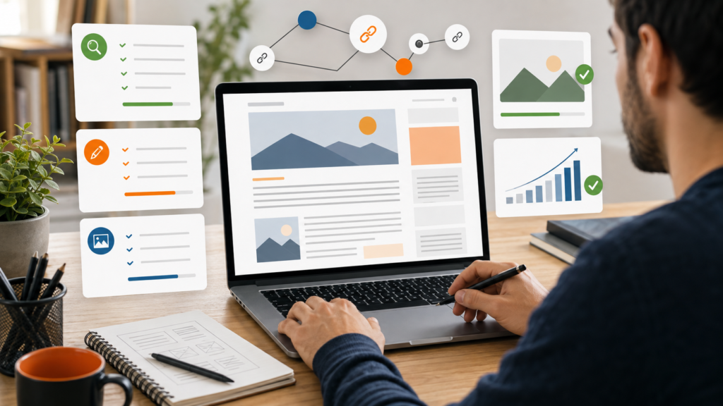 Editor otimizando artigo de blog no WordPress com checklist de SEO on page imagens links e anúncios equilibrados