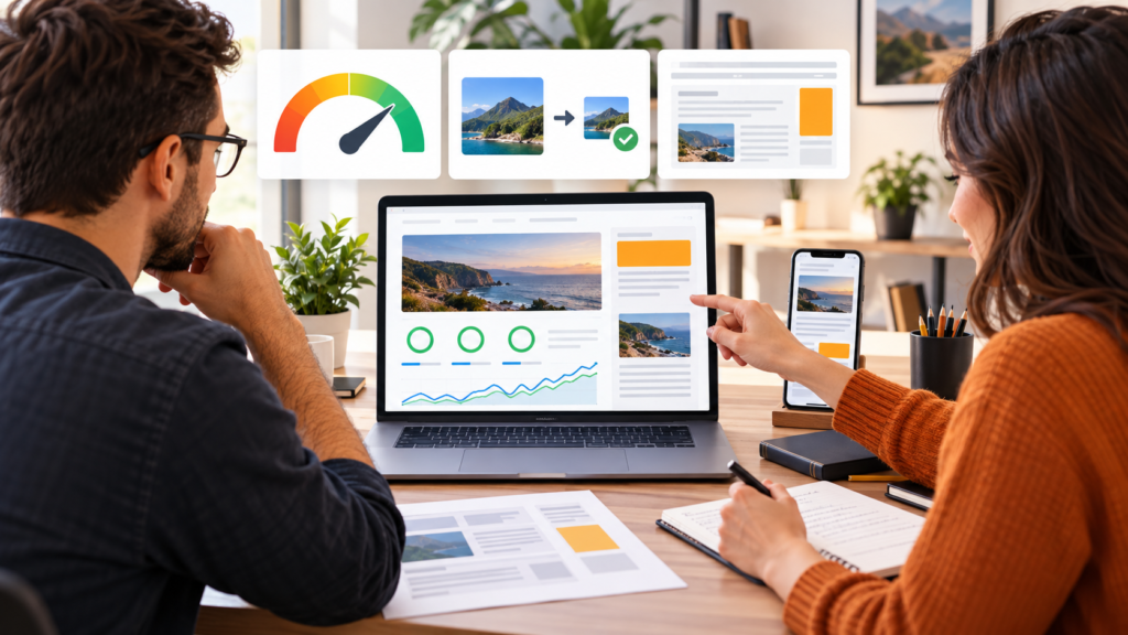 Consultor de SEO técnico analisando Core Web Vitals velocidade WordPress e experiência de anúncios no blog