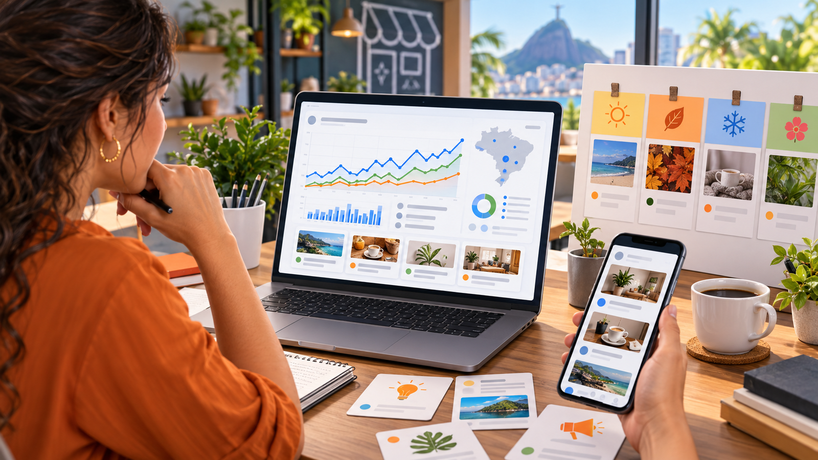 Estrategista de marketing analisando tendencias de pesquisa para transformar dados em pautas de blog e redes sociais