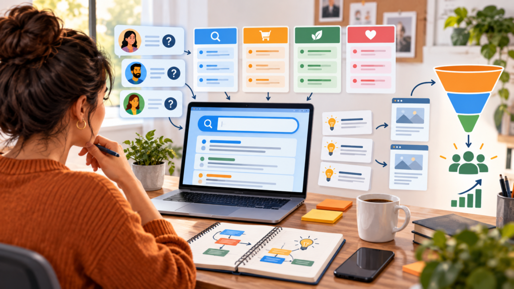 Estrategista de marketing organizando palavras-chave por intenção de busca para criar conteúdo SEO