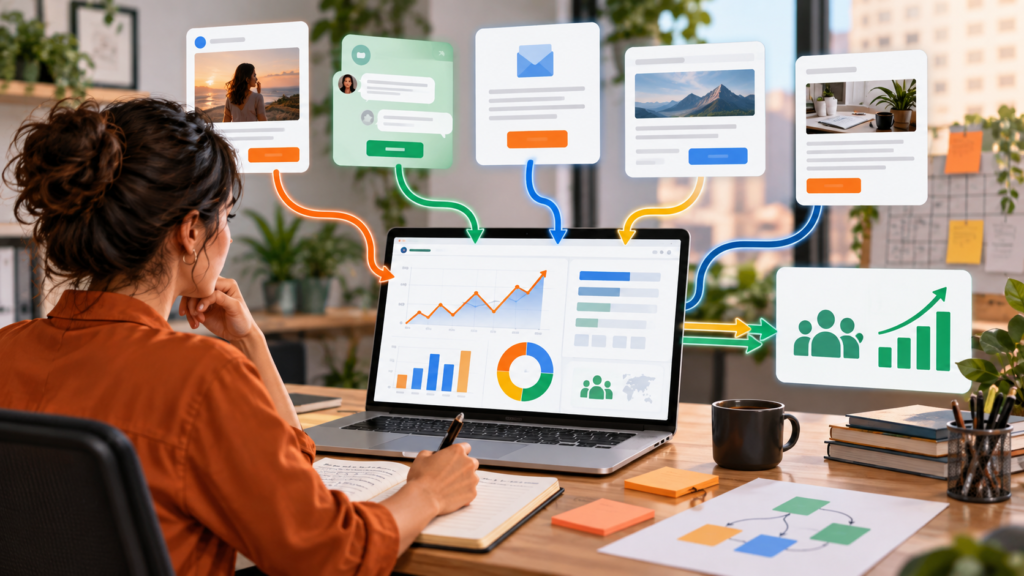 Estrategista de marketing analisando links UTM e relatórios do GA4 para rastrear campanhas digitais
