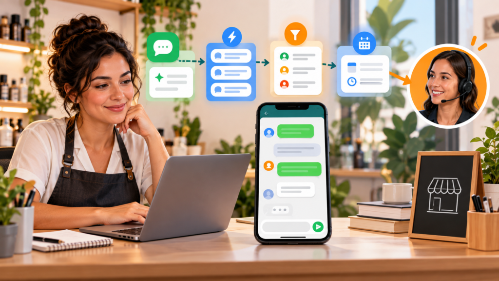 Empreendedora usando automação no WhatsApp Business para organizar leads e atendimento humano