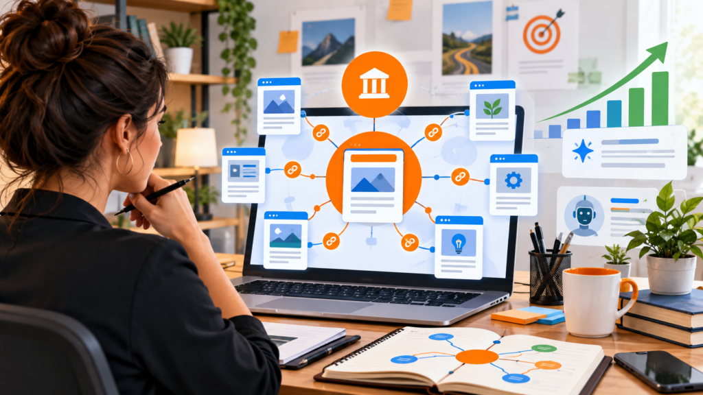 Estrategista organizando blog em topic clusters com página pilar, links internos e conteúdos conectados para SEO e IA