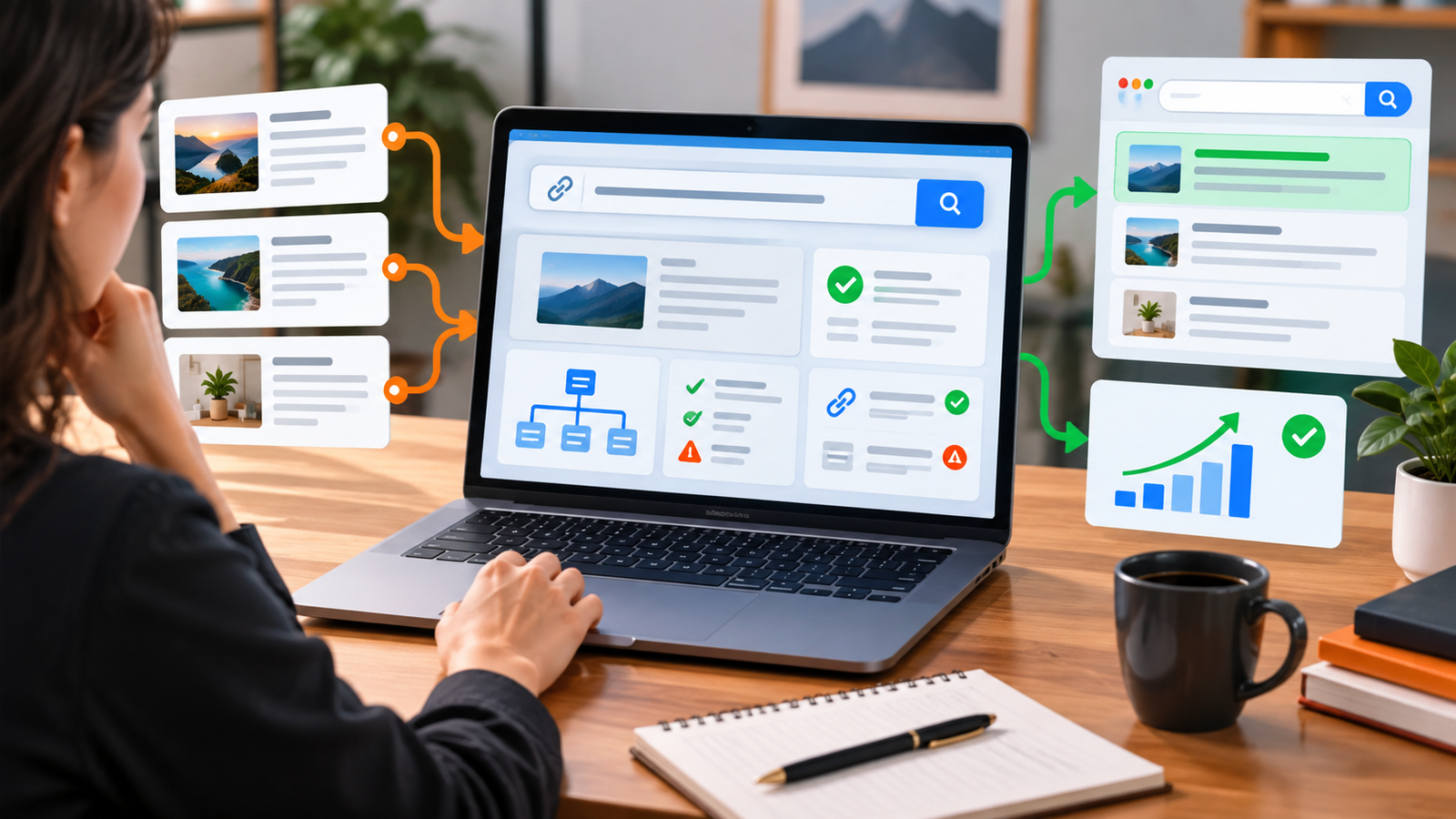 Especialista em SEO verificando indexação de posts WordPress no Google Search Console com sitemap e inspeção de URL