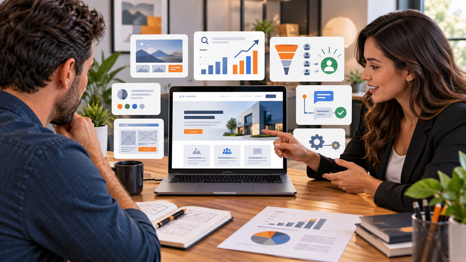 Consultora de marketing apresentando projeto de site profissional com design, SEO, tráfego pago, automação e conversão