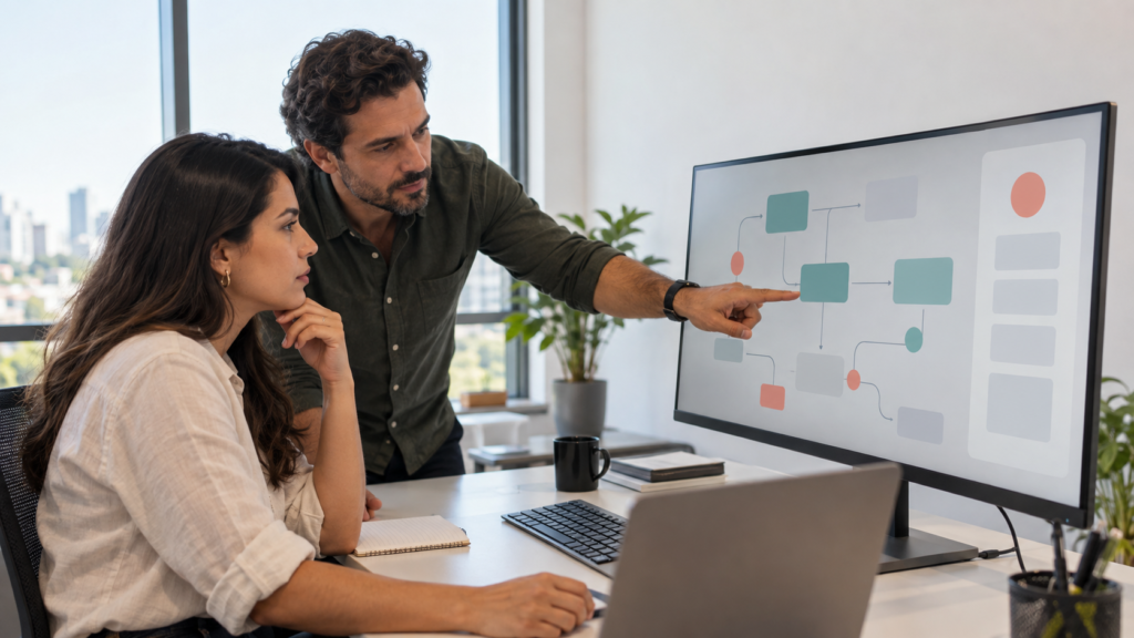 Empresária e consultor analisam fluxo de atendimento e vendas em tela de sistema com IA