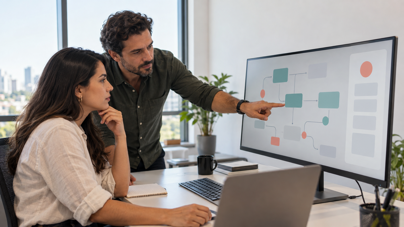 Empresária e consultor analisam fluxo de atendimento e vendas em tela de sistema com IA