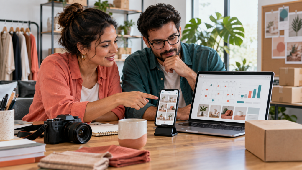 Empresária e profissional de marketing analisam calendário, conteúdo e métricas de redes sociais