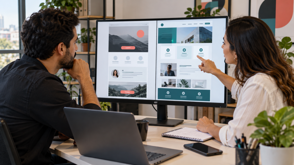 Empresário e consultora comparam uma landing page focada e um site completo em monitor
