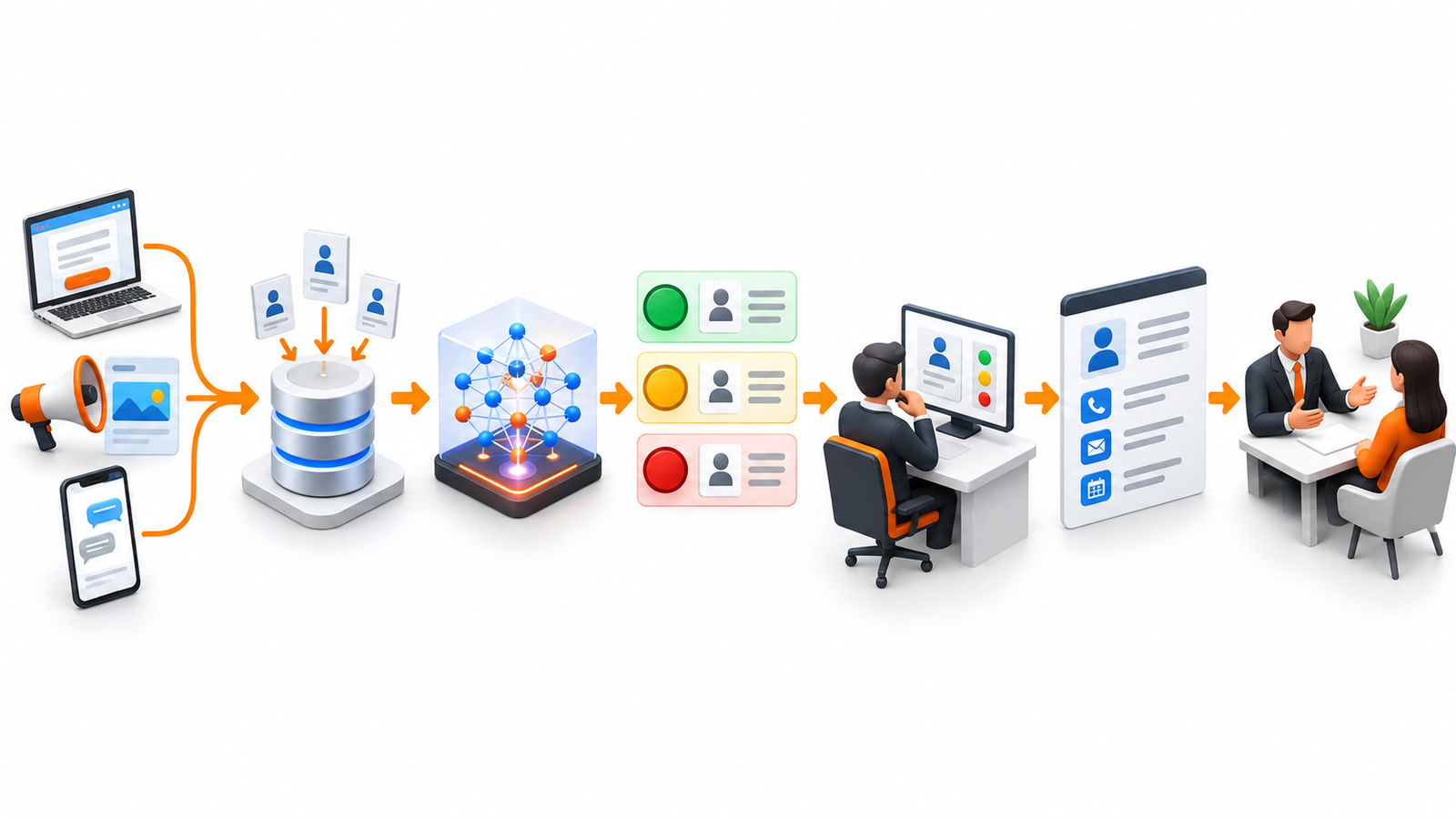 Fluxo de captação, análise por IA, priorização no CRM e atendimento humano de leads