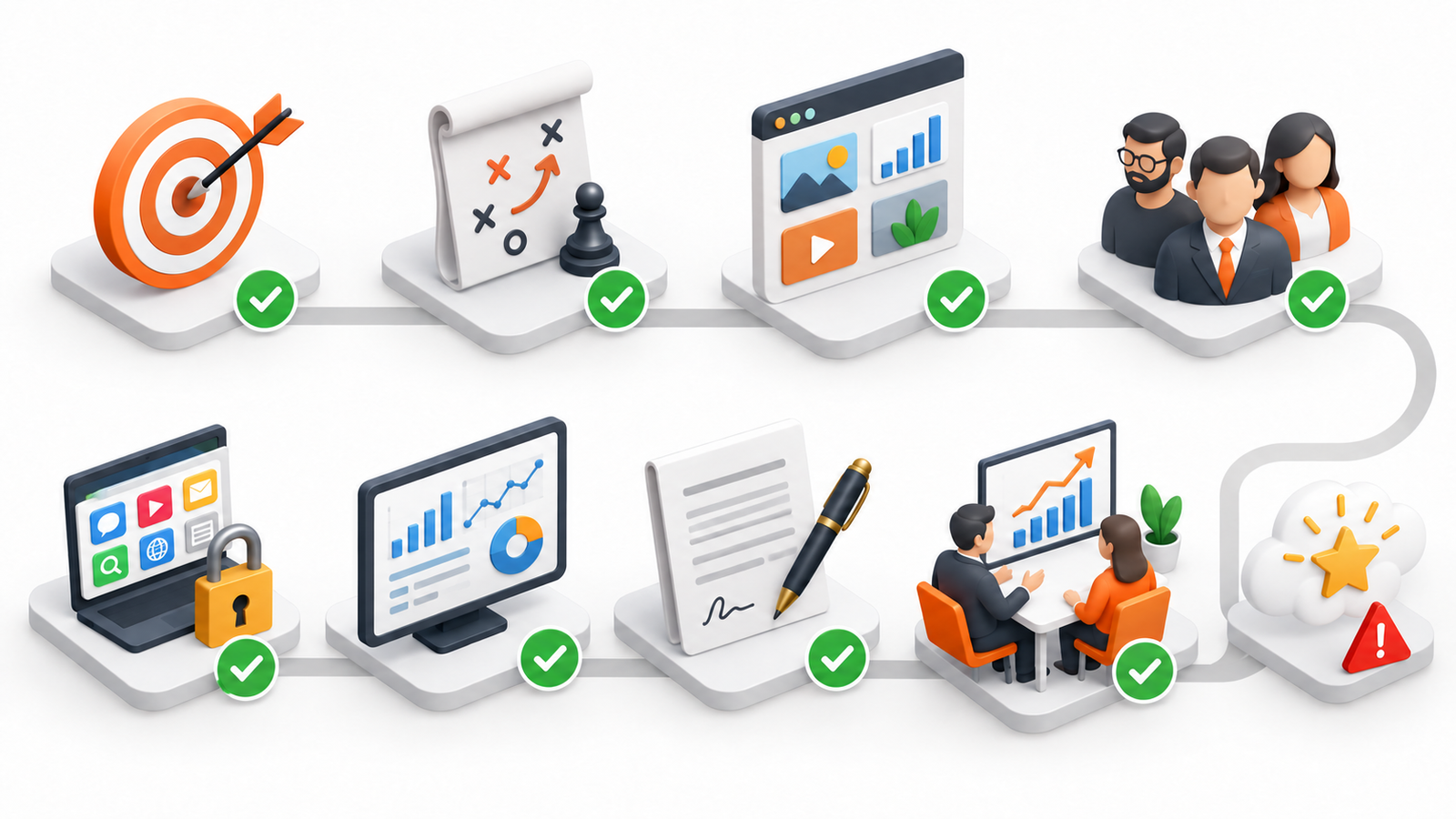 Checklist visual para avaliar estratégia, equipe, acessos, relatórios e contrato de uma agência