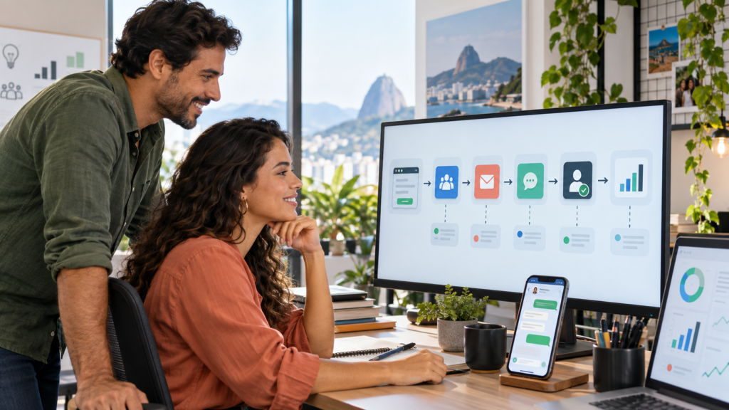 Equipe de pequena empresa analisa um fluxo integrado de automação de marketing e vendas