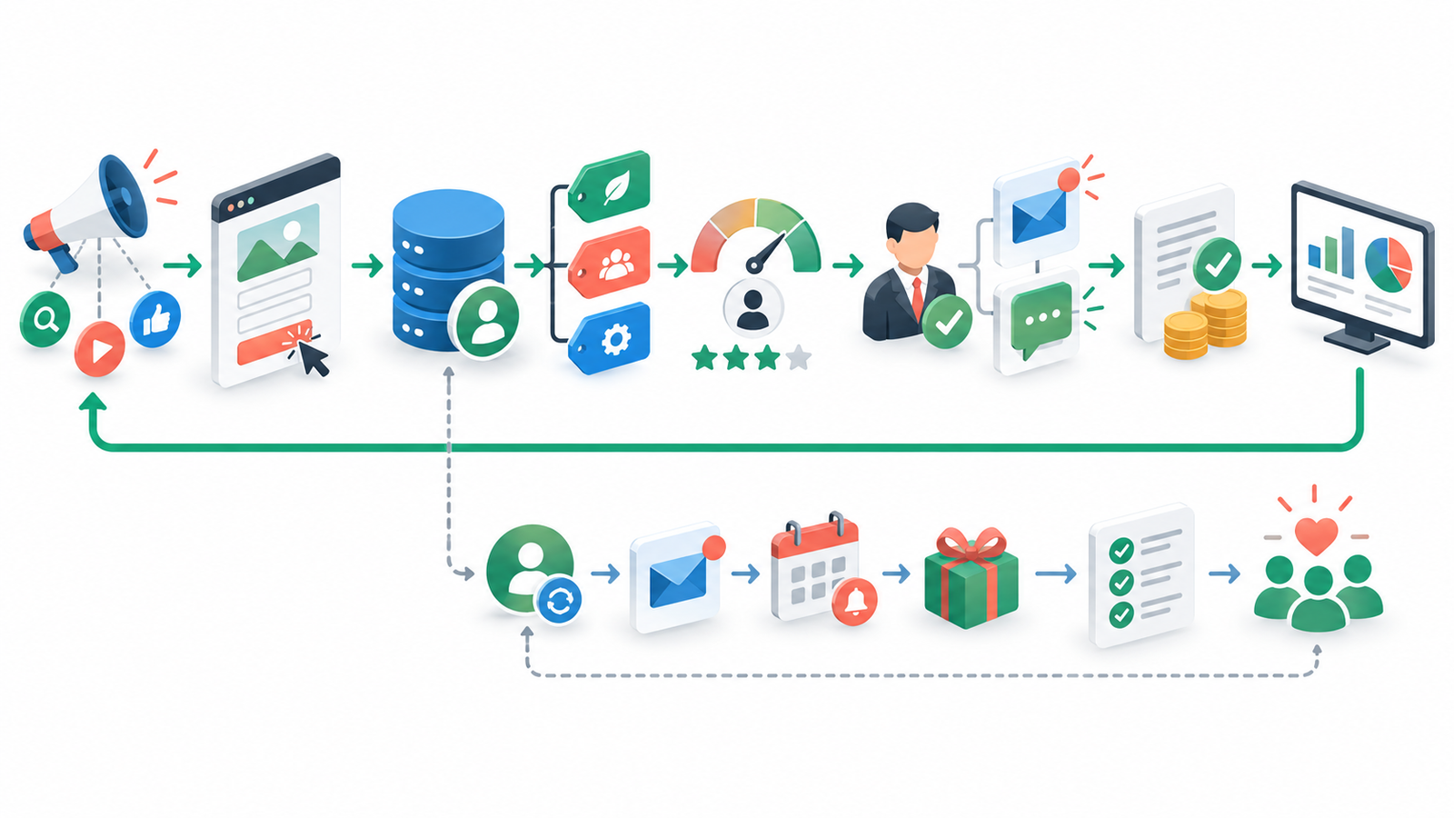 Fluxo visual de captação, CRM, qualificação, atendimento, follow-up, venda e reativação de clientes