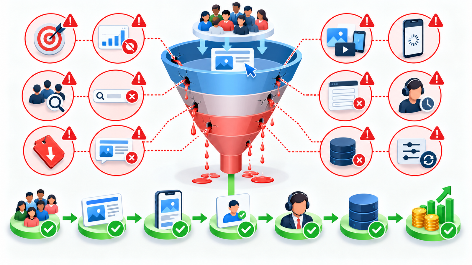 Infográfico com os pontos de vazamento entre público, anúncio, página, lead, atendimento, CRM e venda