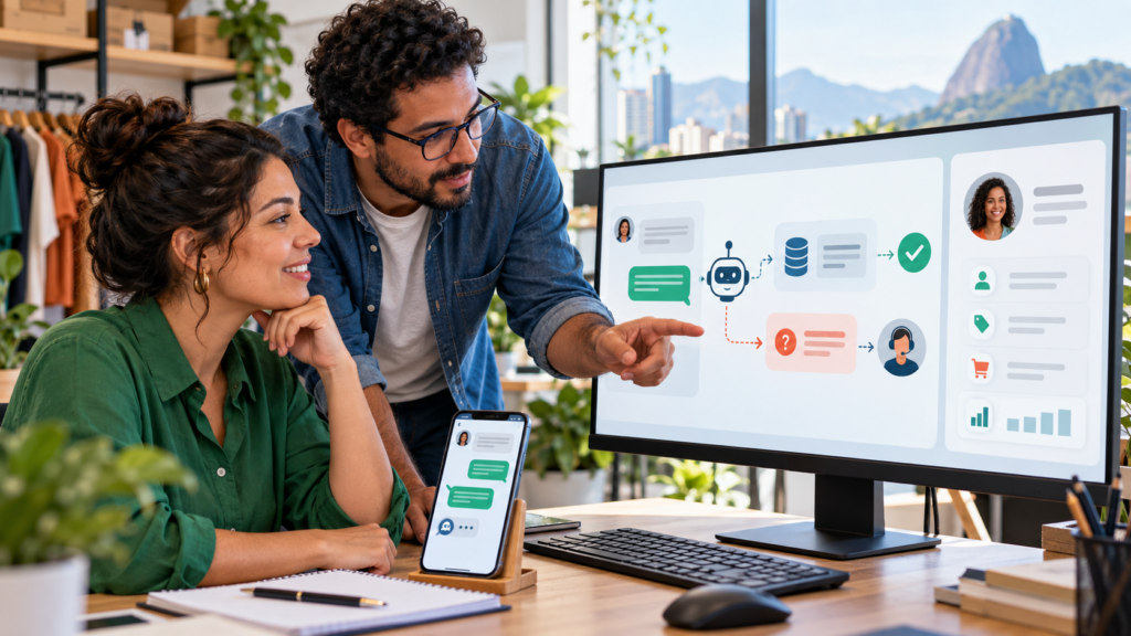 Empresária e especialista analisam um chatbot com IA, base de conhecimento e encaminhamento humano