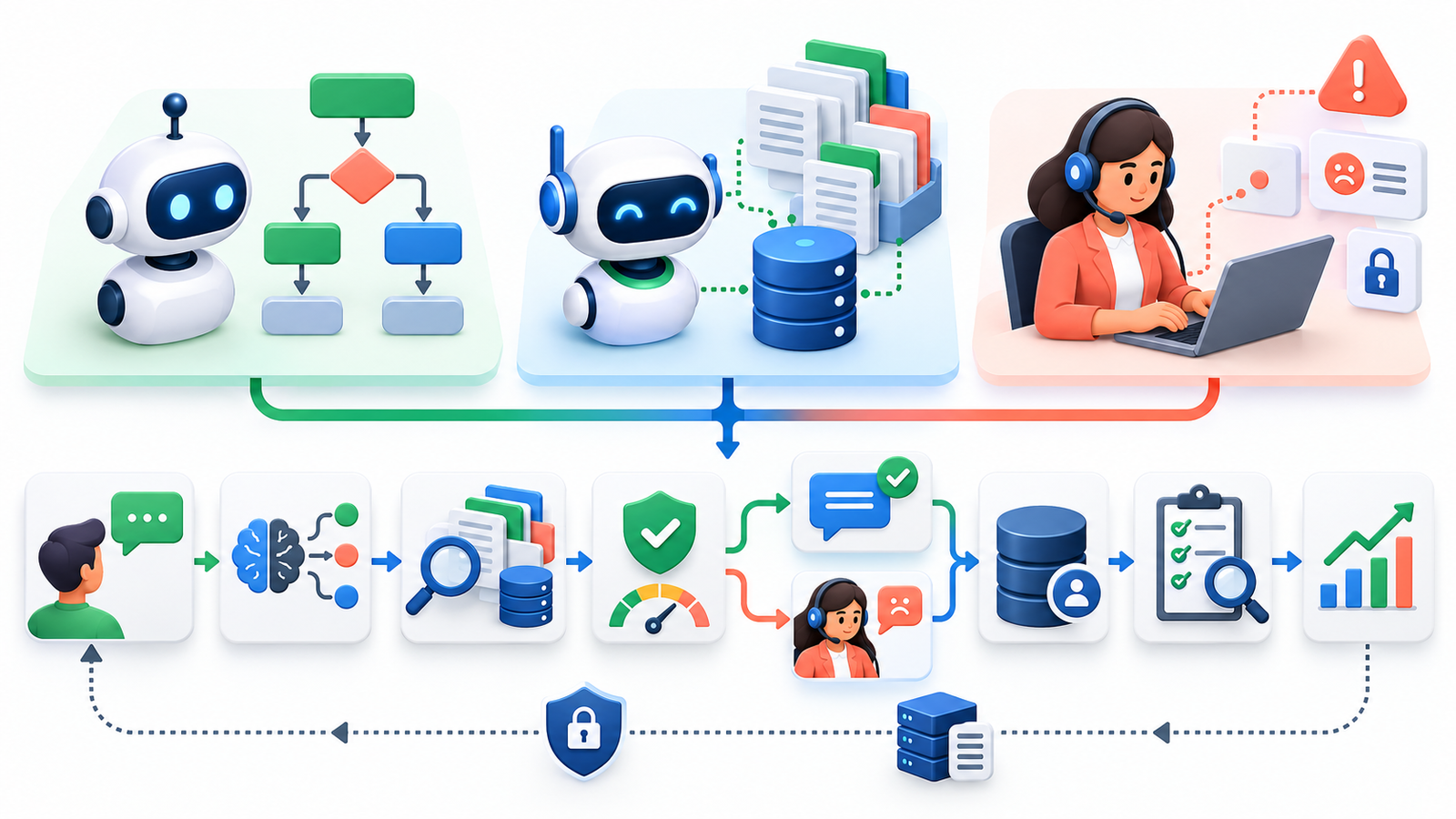 Fluxo visual de chatbot por regras, IA com base aprovada, supervisão humana, segurança e avaliação