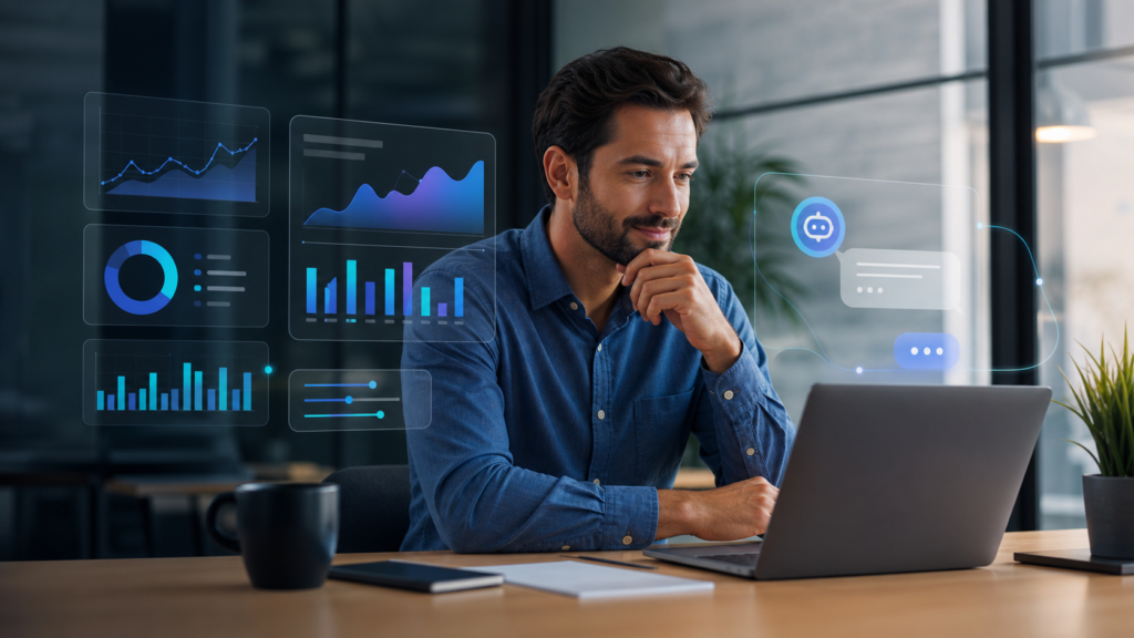 Empresário analisando dados de marketing com o auxílio de inteligência artificial
