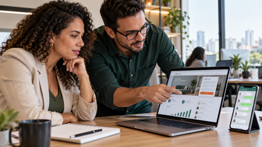 Empresária e especialista analisam um site preparado para transformar visitas em leads