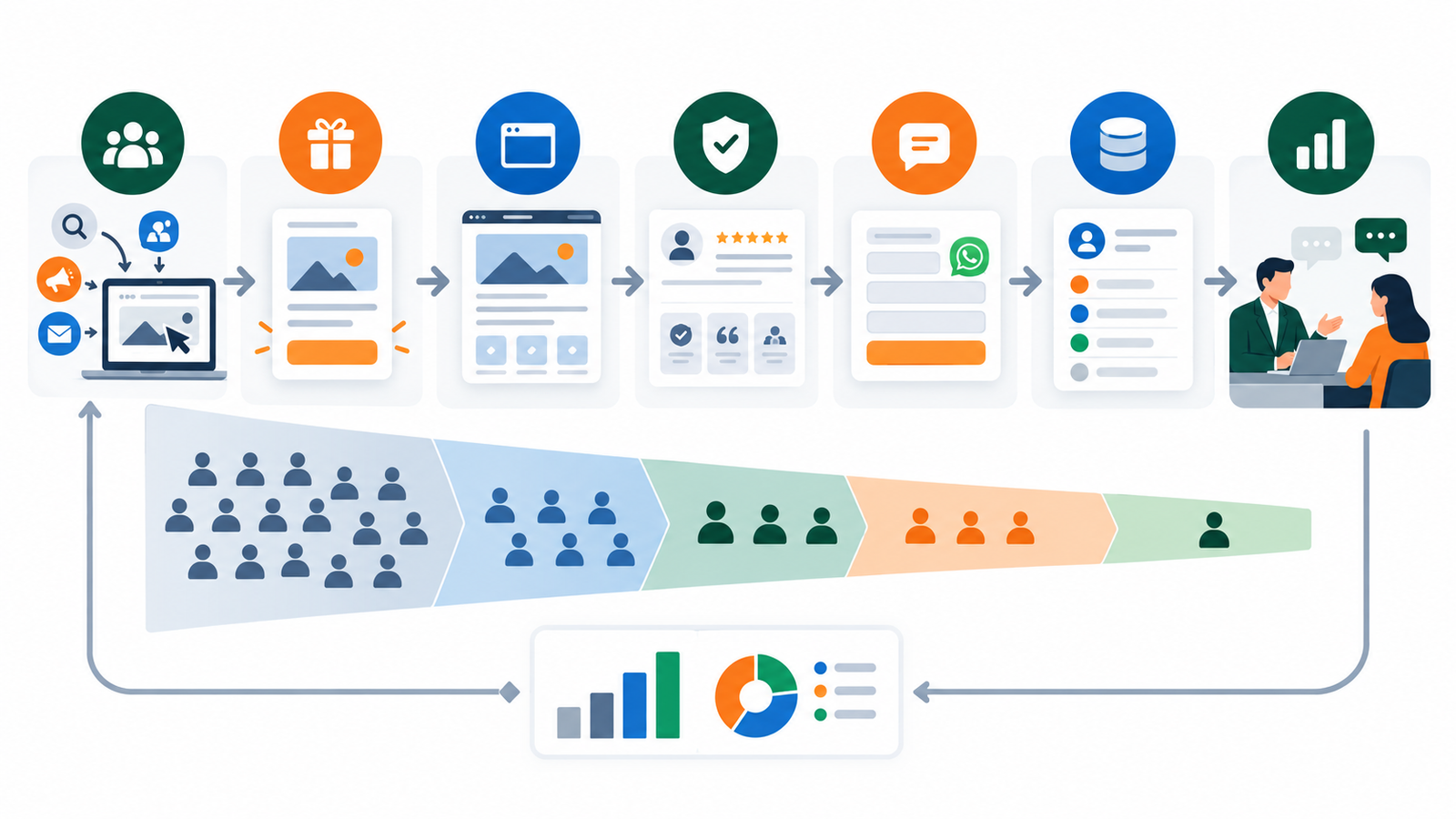 Jornada visual da origem do tráfego até o formulário, CRM e atendimento de vendas