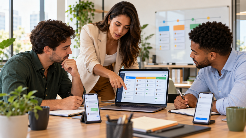 Equipe comercial brasileira analisa oportunidades organizadas em um CRM