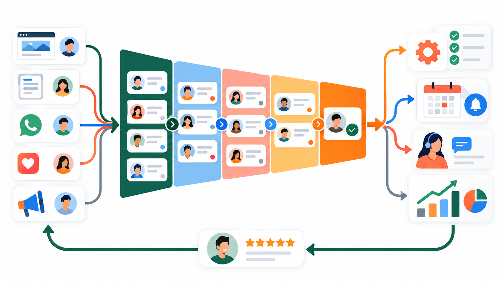 Fluxo visual de leads do site, WhatsApp, redes sociais e anúncios dentro do funil de CRM
