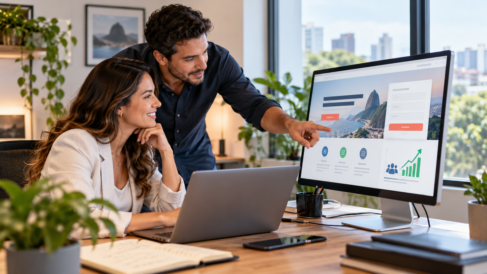 Empresária e estrategista analisam uma landing page criada para campanhas no Google Ads