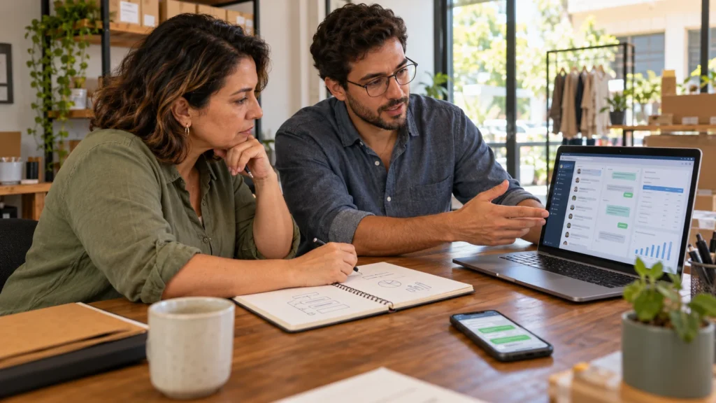 Empresária e consultor planejam a automação de atendimento pelo WhatsApp com apoio de notebook e anotações