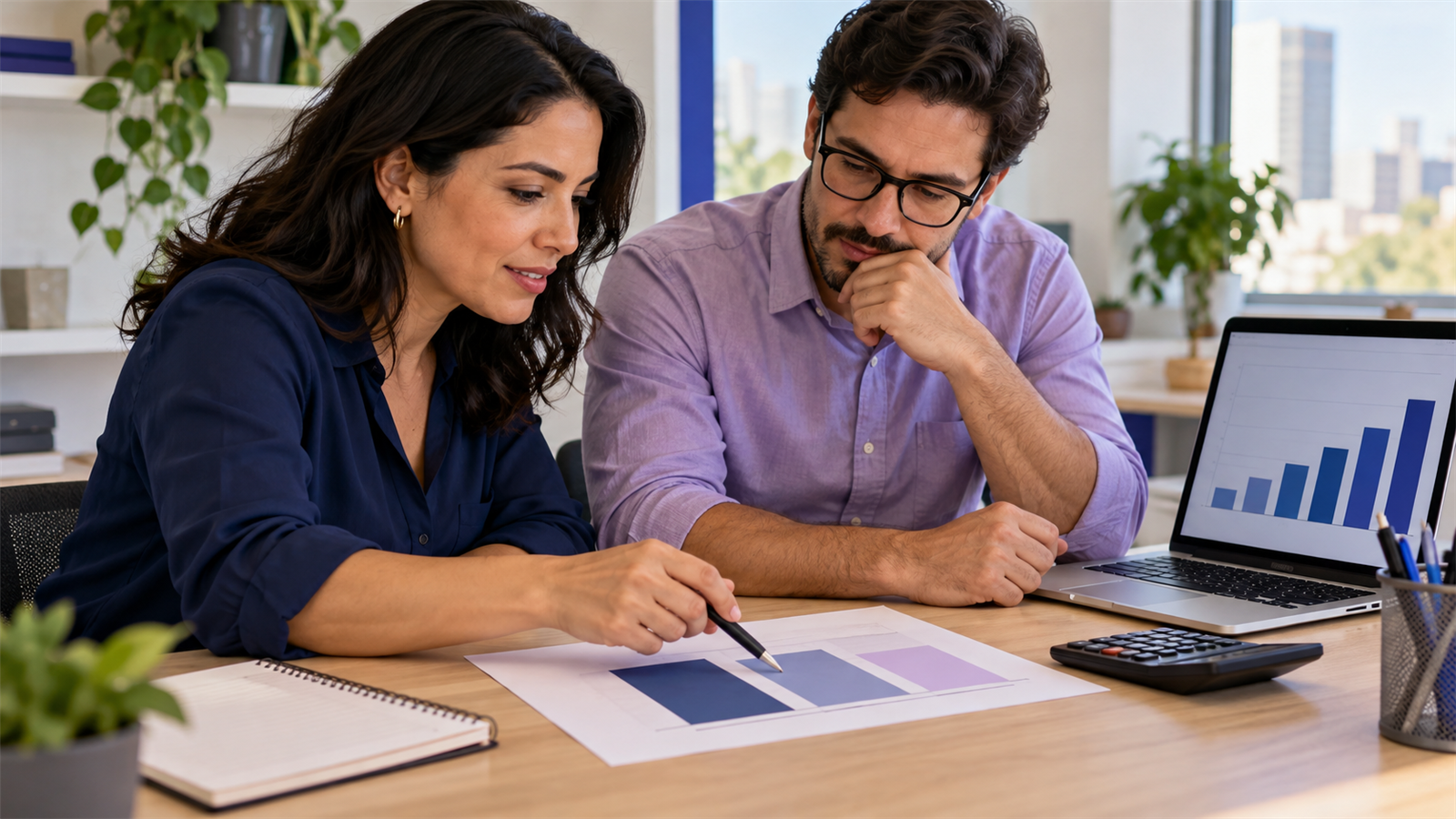 Empresários comparam orçamento de anúncios e gestão de campanhas com notebook, calculadora e planejamento em papel.