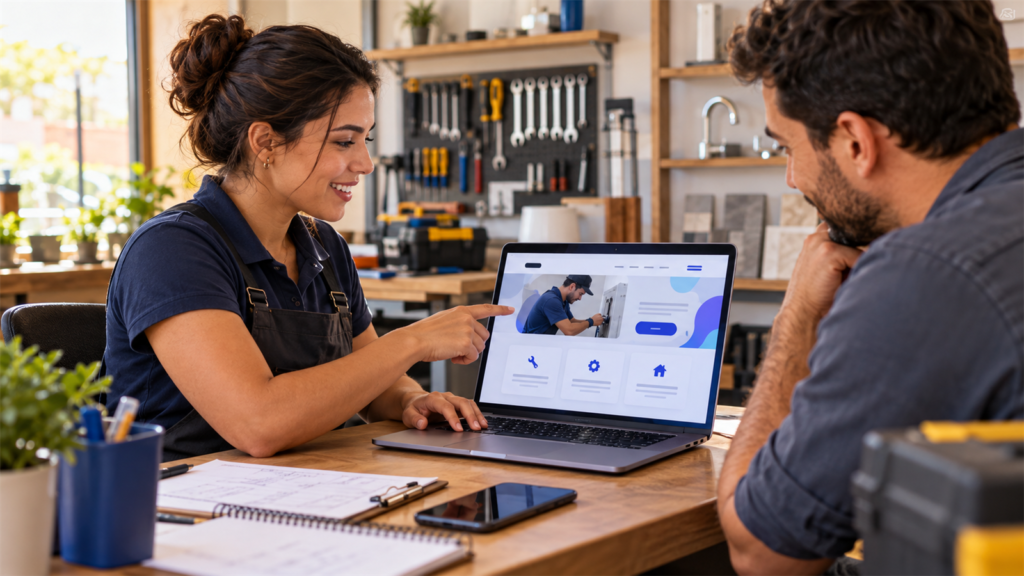Empresária de serviços e colega analisam um site profissional no notebook em uma oficina organizada.